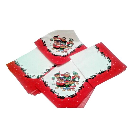 Teddy Bear Carolers Christmas Napkin 4 Cloth Napkins Holly Red Holiday Vintage - Picture 1 of 3